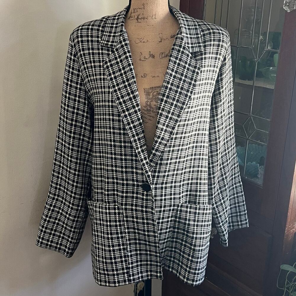 70s/80s Vintage Black & White Plaid Blazer Size XL Single Breasted Corpcore Work - Picture 4 of 17